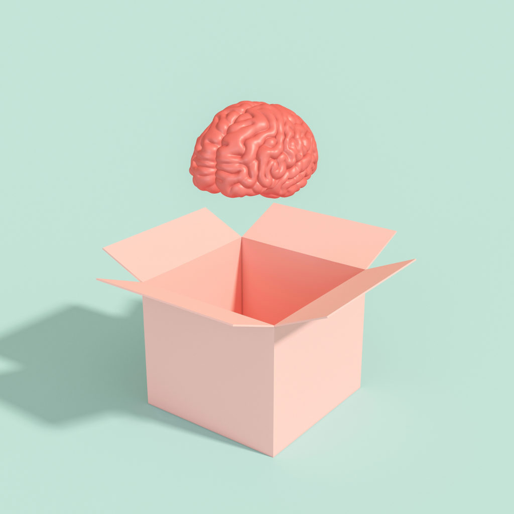 human brain coming out of a box. innovative and different thinking concept. 3d render.